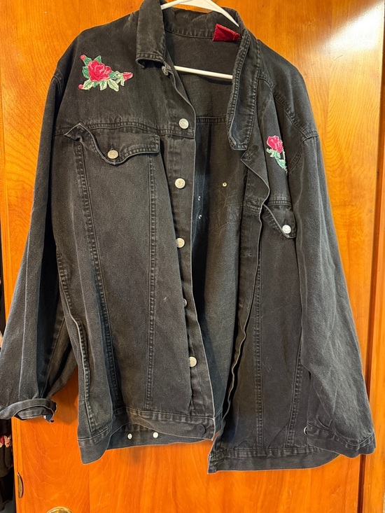 Jackets & Blazers - Black Denim Jacket with Pink Rose Embroidery
